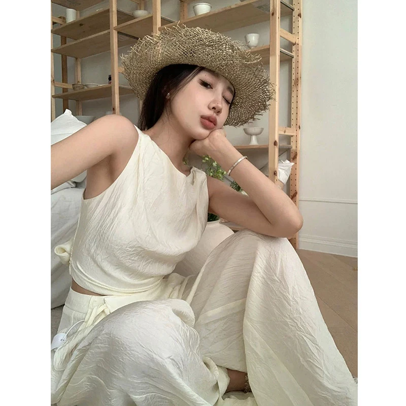 白色高级感老钱风舒适亚麻无袖露背背心休闲阔腿裤两件套时尚套装