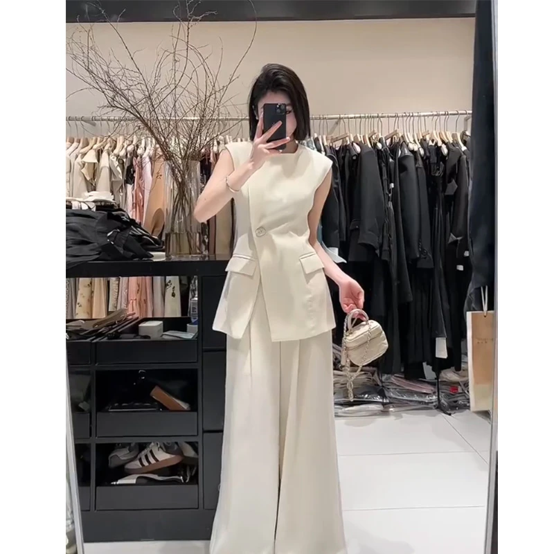 春夏清冷感白色无袖西装气质显瘦名媛阔腿裤女神范职业装两件套