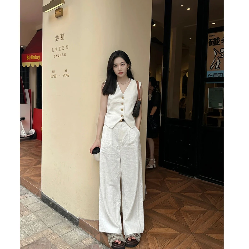夏季透气白色亚麻无袖马甲气质显瘦阔腿裤长裤直筒裤时尚小众套装