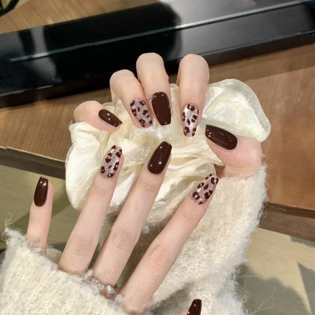 穿戴甲纯手工制作红色系晶石猫眼酒红豹纹显白美甲贴片可秋冬新款