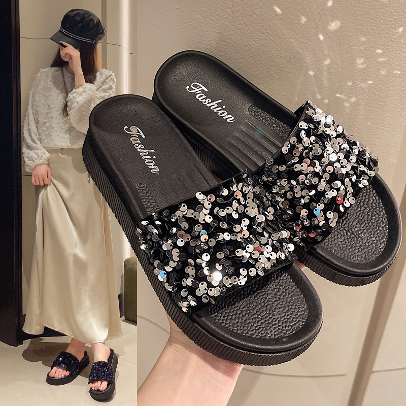 C621高级感拖鞋女外穿2024夏季新款松糕厚底仙女风一字亮片拖鞋女