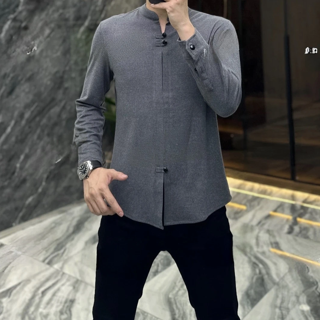 欧货男士国潮早秋新款中国风式立领打底衫商务百搭长袖磨毛小衫