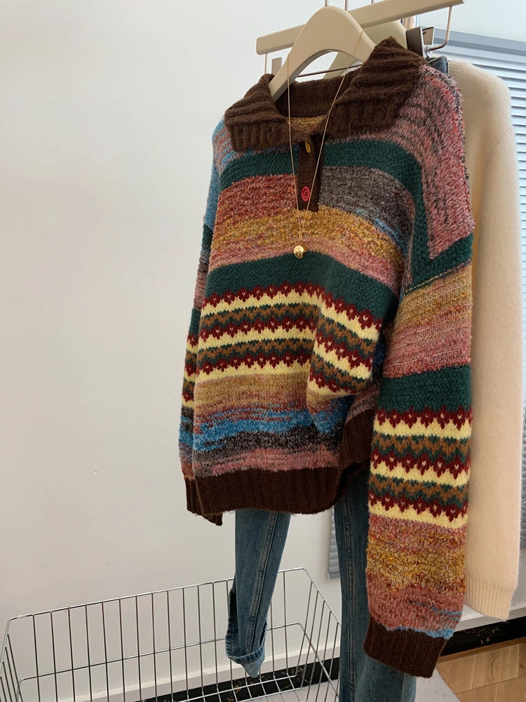 费尔岛彩色条纹宽松套头翻领外穿毛衣女士慵懒高级感加厚打底内搭