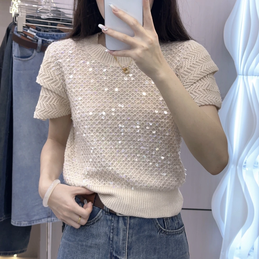 6924 GY 【美人鱼】短袖亮片女针织衫显瘦百搭宽松气质