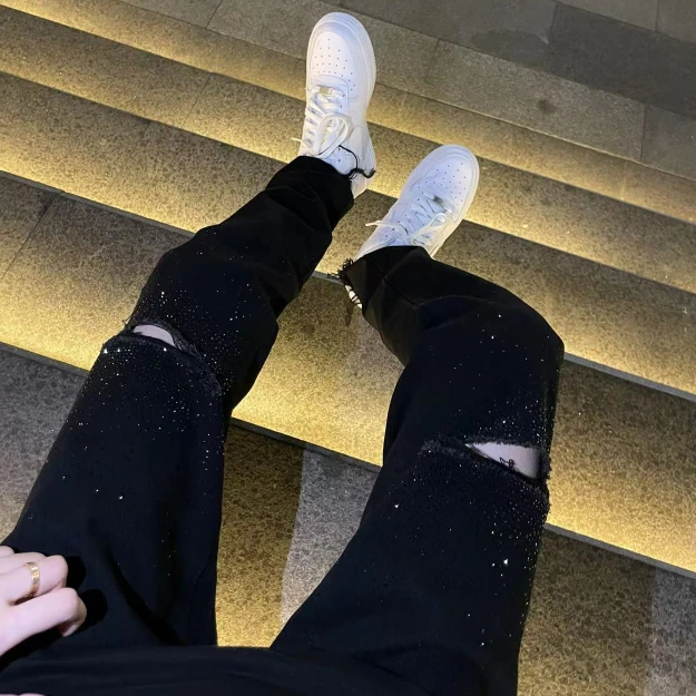 【闪闪惹人爱镶钻破洞牛仔裤】直筒堆积男女同款休闲百搭修身高街
