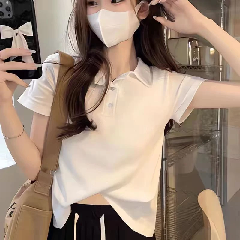 高棉polo衫夏季翻领新款正肩休闲修身设计短袖t恤女白色潮流上衣
