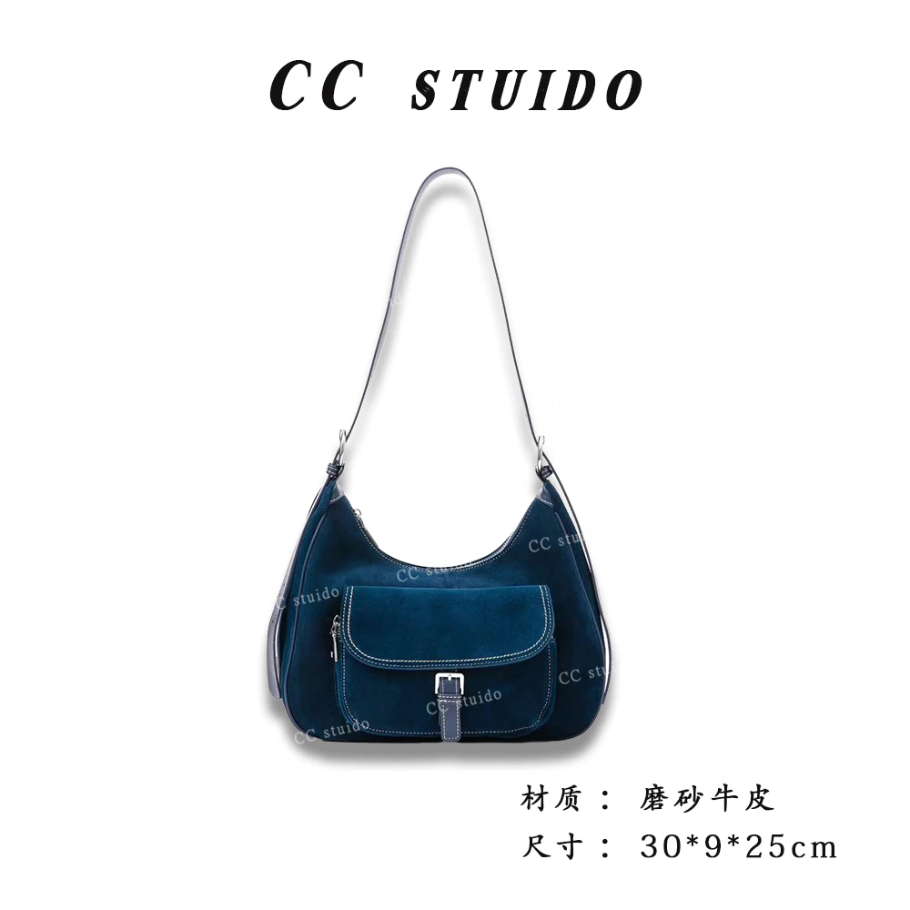 【尚恩CC】XKY-3616-墨水蓝-原创设计 磨砂牛皮 高定真皮腋下包