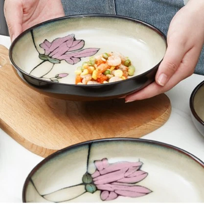 玉泉烟岚中式8英寸深盘汤盘加厚防烫家用盘碟个性创意手绘釉下彩