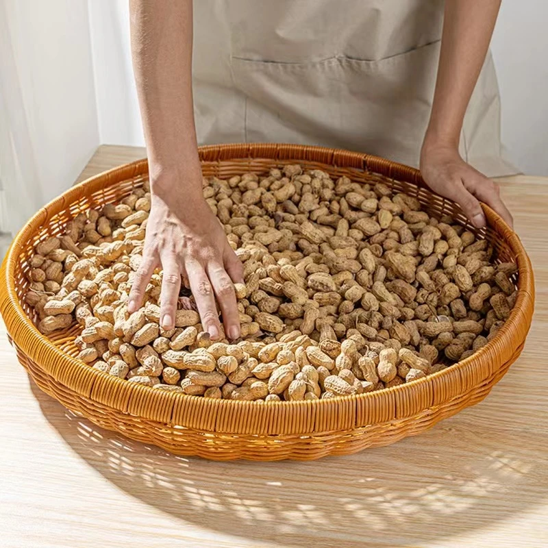 W052簸箕晒筐仿藤简约茶色田园圆形家用收纳筐拖盘手工编织50*7cm