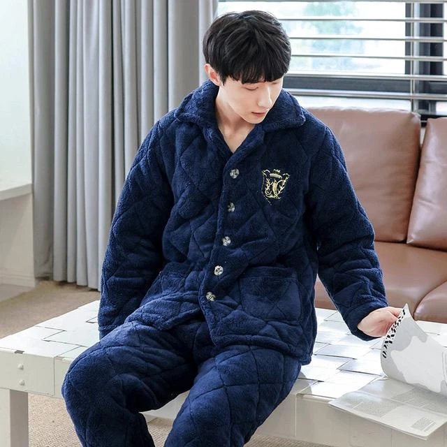 福【0118长绒藏青】男士珊瑚绒睡衣秋冬款季三层加厚夹棉家居服