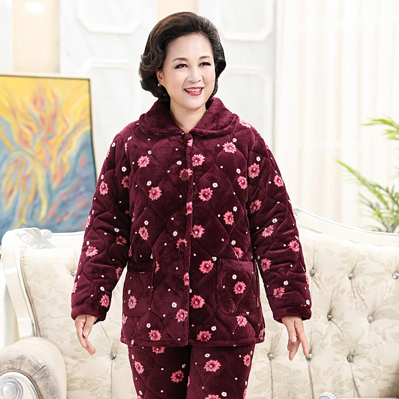 福【0107花花盛世】秋冬中老年人三层夹棉女睡衣加厚妈妈家居服