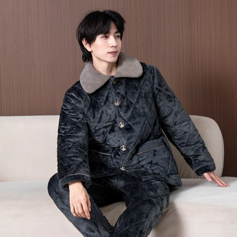 冬季男士夹棉睡衣法兰绒三层夹棉加厚保暖中老年人睡衣套装家居服