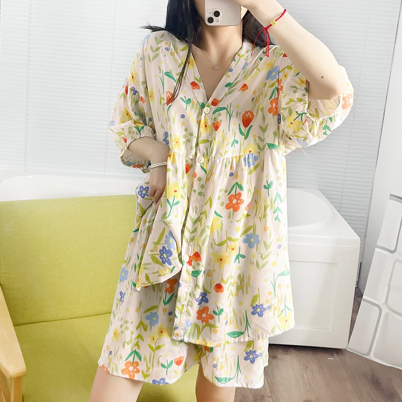 【0146】棉绸睡衣女士夏季套装短袖薄款夏天绵绸春秋家居服两件套