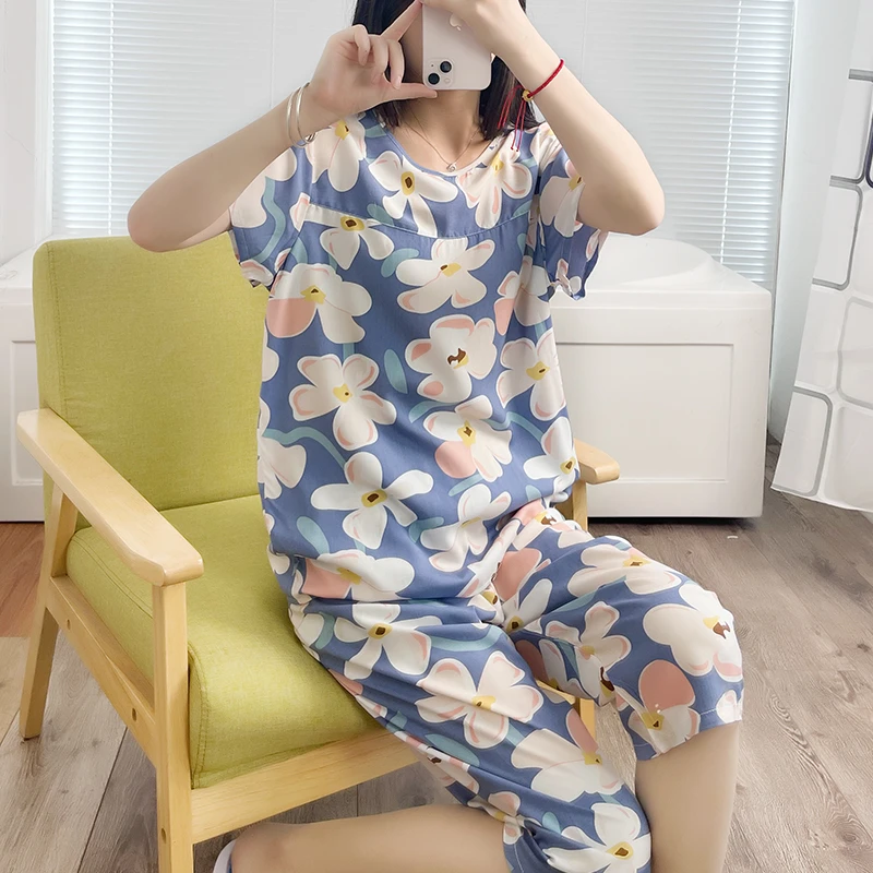 福【0004蓝色含笑花】夏季中年妈妈睡衣套装绵绸短袖薄款睡衣套装