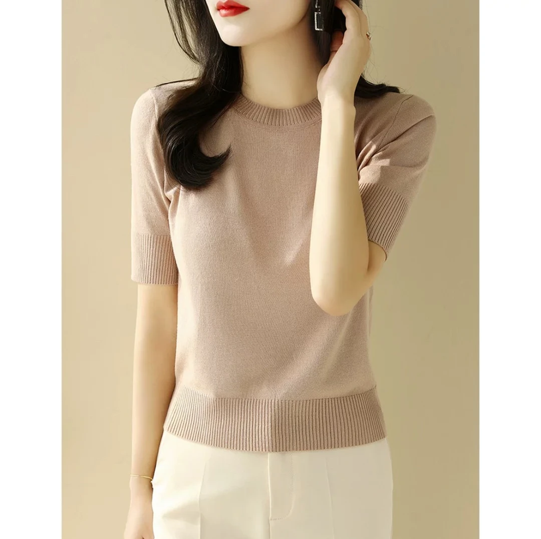 女式圆领夏季天丝三醋酸短袖针织衫时尚休闲