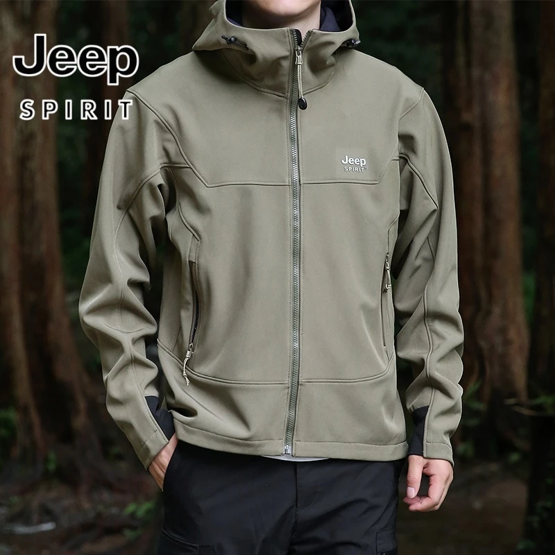 Jeep吉普男士新款连帽加绒保暖休闲宽松韩版防风夹克外套户外运动