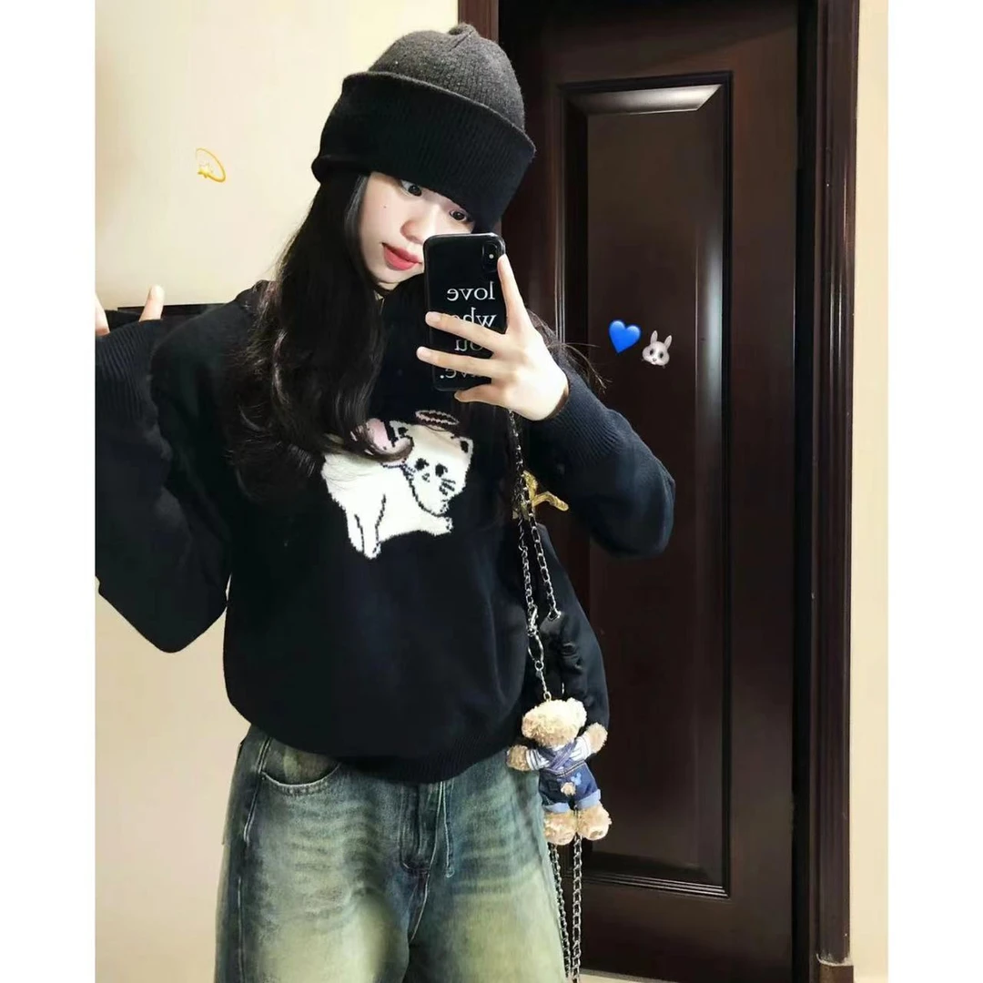 俏皮小猫卡通长袖套头毛衣女秋冬季小个子短款针织衫黑色圆领上衣