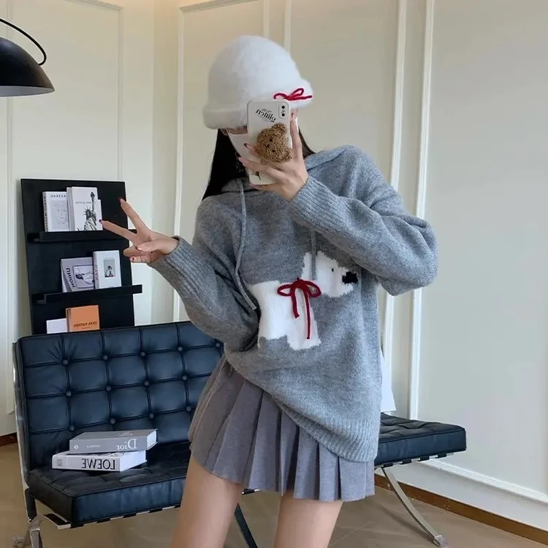 慵懒风灰色小狗连帽套头针织毛衣女冬季春秋季小个子内搭卫衣外套