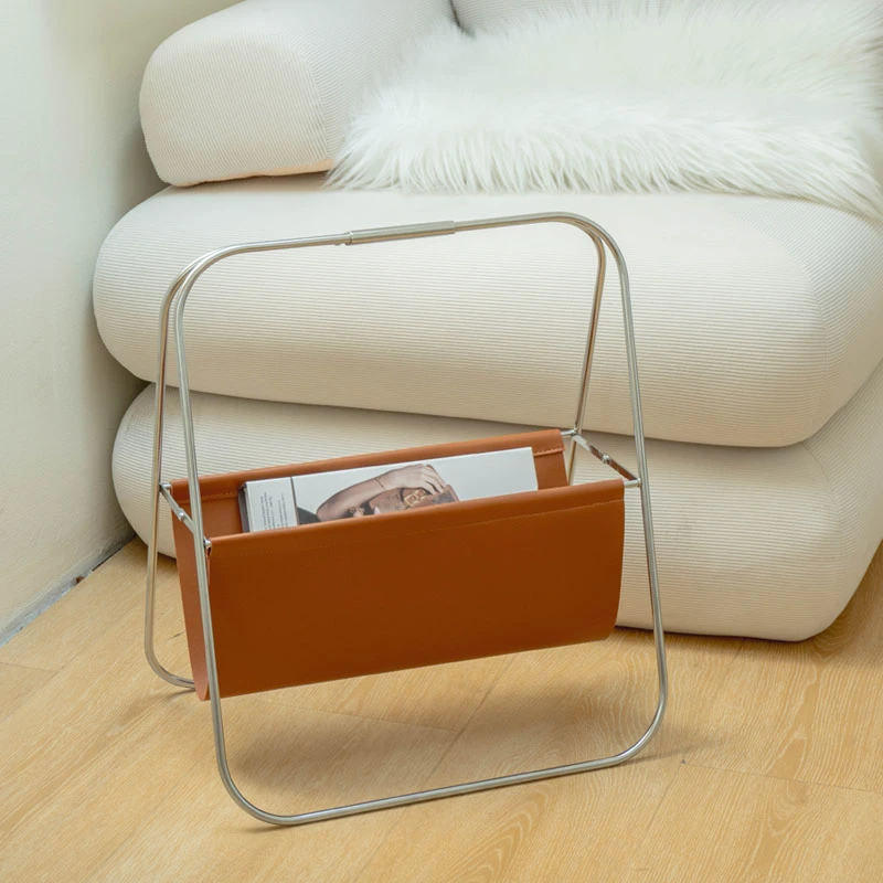 轻奢复古不锈钢皮质杂志架中古折叠书报架置物架报纸收纳落地书架