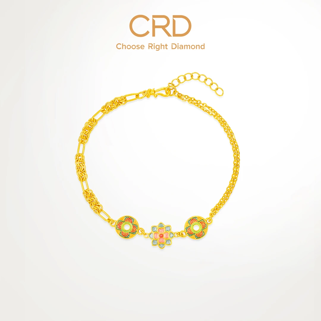 CRD克徕帝古法珐琅工艺格桑花实心足金999黄金新中式手串三金送礼