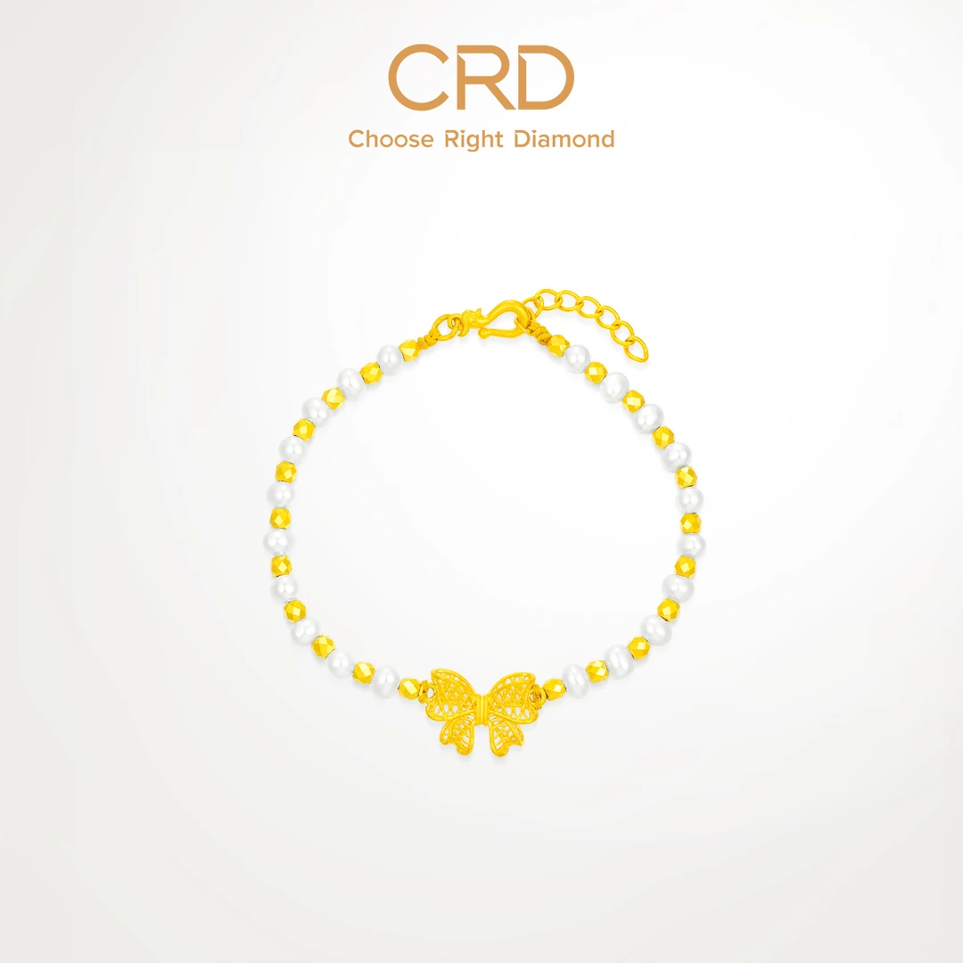 CRD克徕帝黄金手串蝴蝶结珍珠手链古法金珠足金999串珠手饰三金