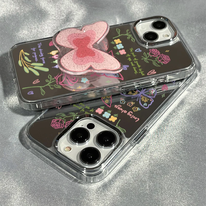 粉色蝴蝶支架镜面苹果14promax手机壳iPhone13电镀12/11透明套xr