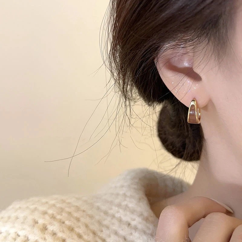 铜合金耳饰 时尚简约气质咖色耳扣秋冬小众个性美拉德风耳饰E1209