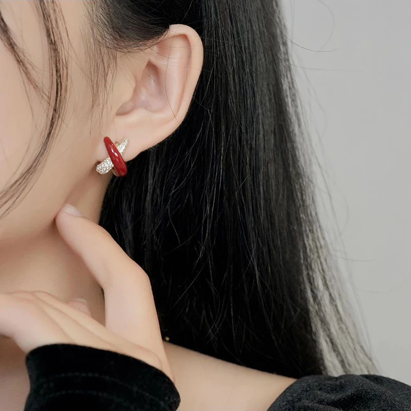 铜合金耳饰 简约交叉复古酒红耳钉个性设计感小众时尚耳饰E1692
