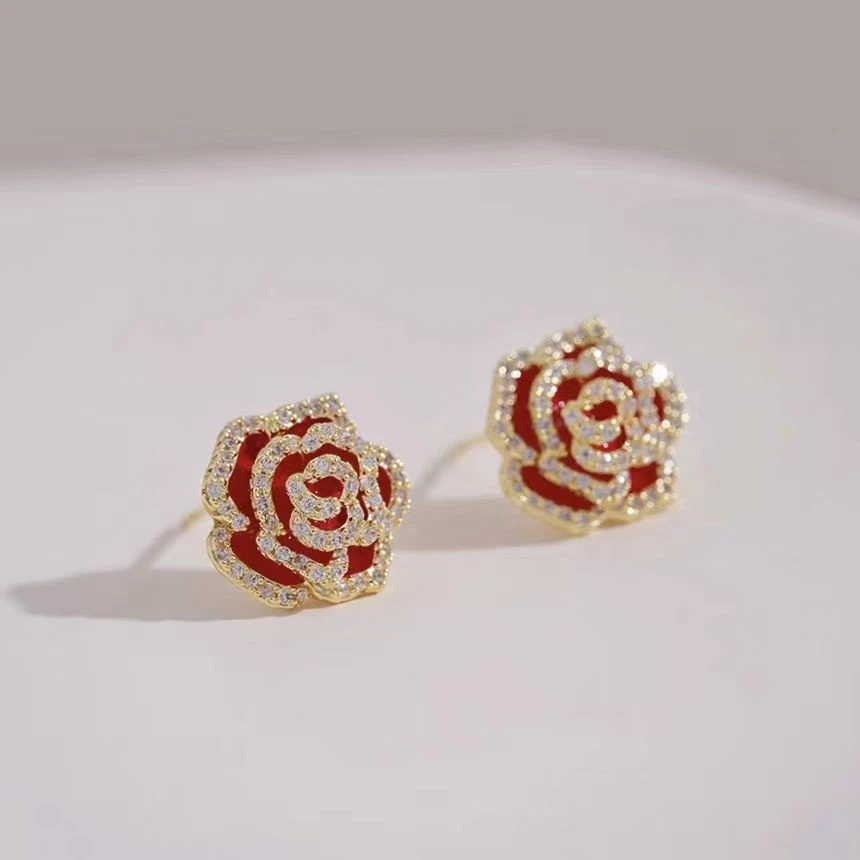 铜合金耳饰 气质红色花朵耳钉百搭时尚复古优雅精致小众耳饰E603