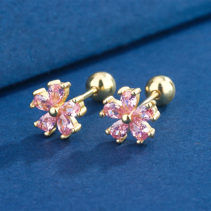 铜合金耳饰 小巧简约花朵螺丝耳钉粉色耳骨钉小众五瓣花耳饰E1328