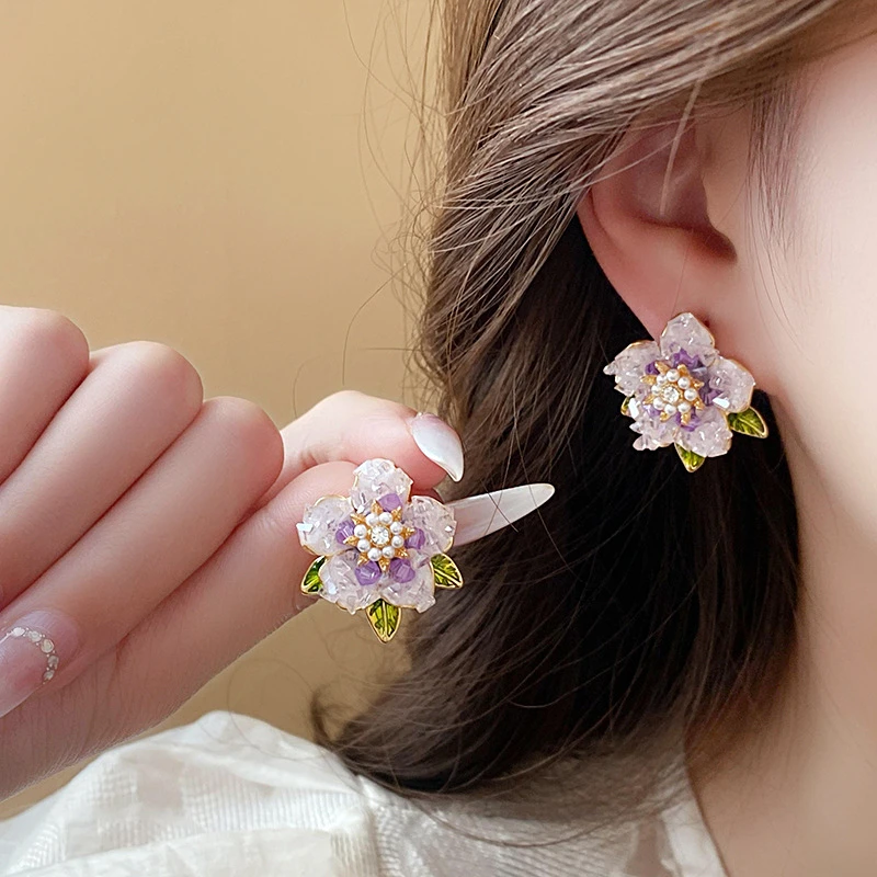 铜合金耳饰 A时尚紫色气质渐变花朵耳钉甜美复古高级感耳饰E1478