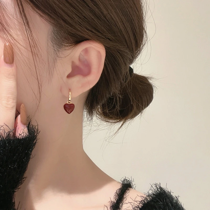 铜合金耳饰 酒红爱心耳扣一款两戴简约气质百搭心形耳饰E708