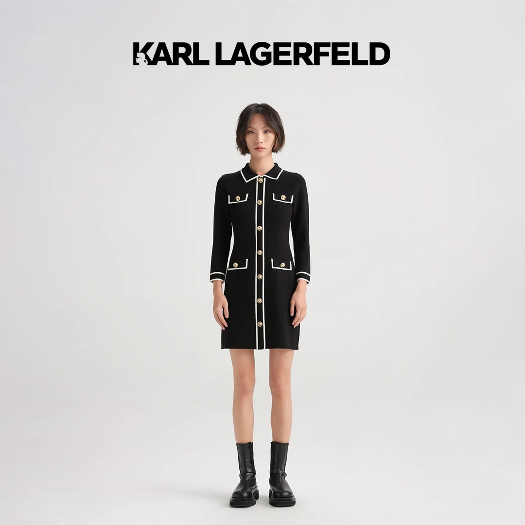 KARL LAGERFELD卡尔拉格斐24新小香撞色针织连衣裙老佛爷E37W15D1