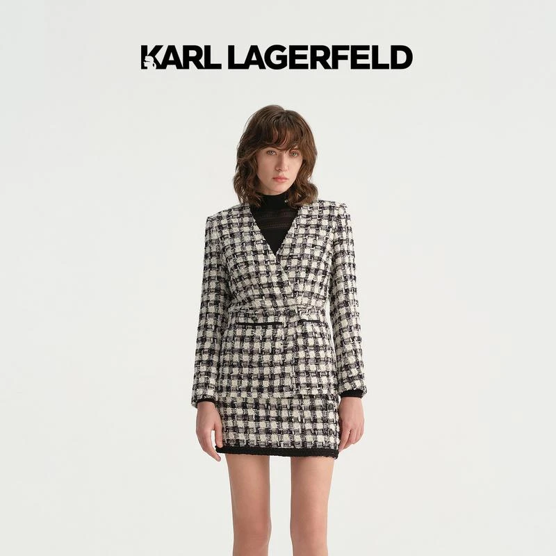 【晨粉专享价】KARL LAGERFELDV领中长款花呢外套E37W1541