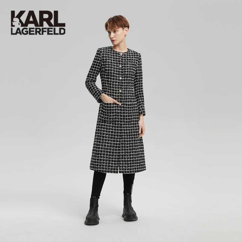 KARL LAGERFELD卡尔拉格斐22年新款长款粗花呢大衣老佛爷216L1514