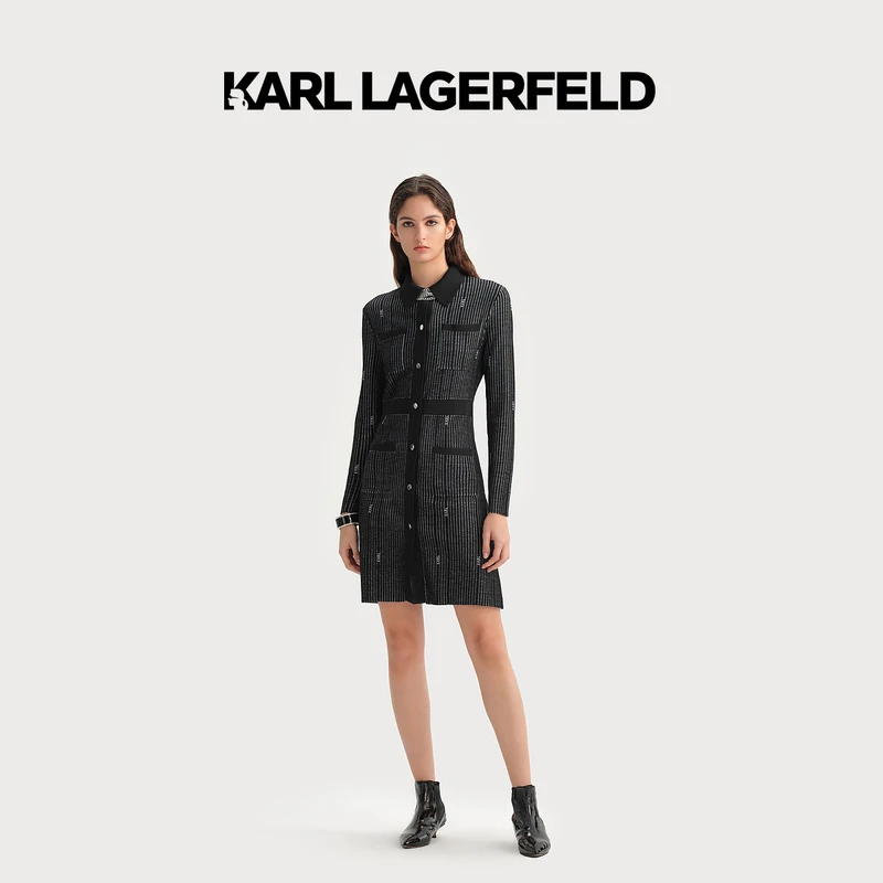 【晨粉专享价】KARL LAGERFELD竖条纹长袖连衣裙老佛爷236L1333