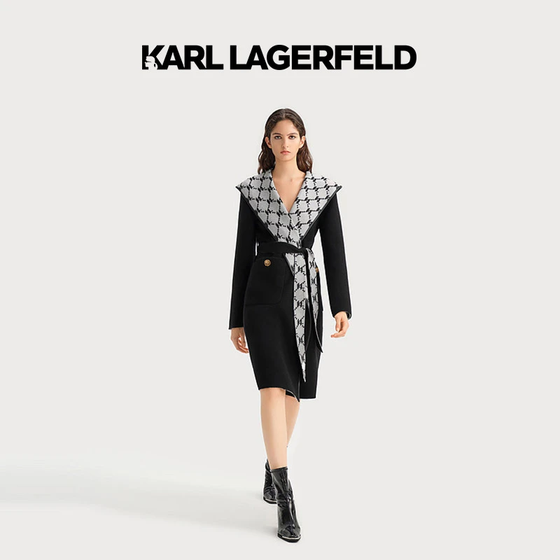 KARL LAGERFELD卡尔拉格斐秋KL老花双面呢系带羊毛大衣E37W1598