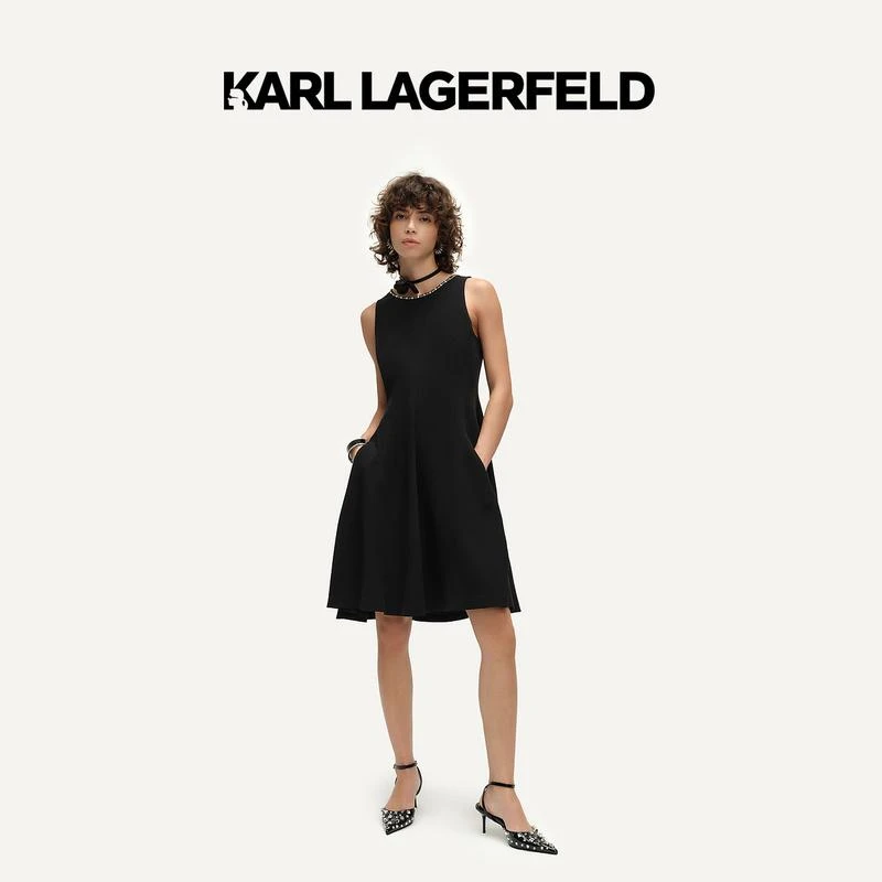 KARL LAGERFELD卡尔拉格斐2024夏钻饰圆领黑色伞摆连衣裙242E1392