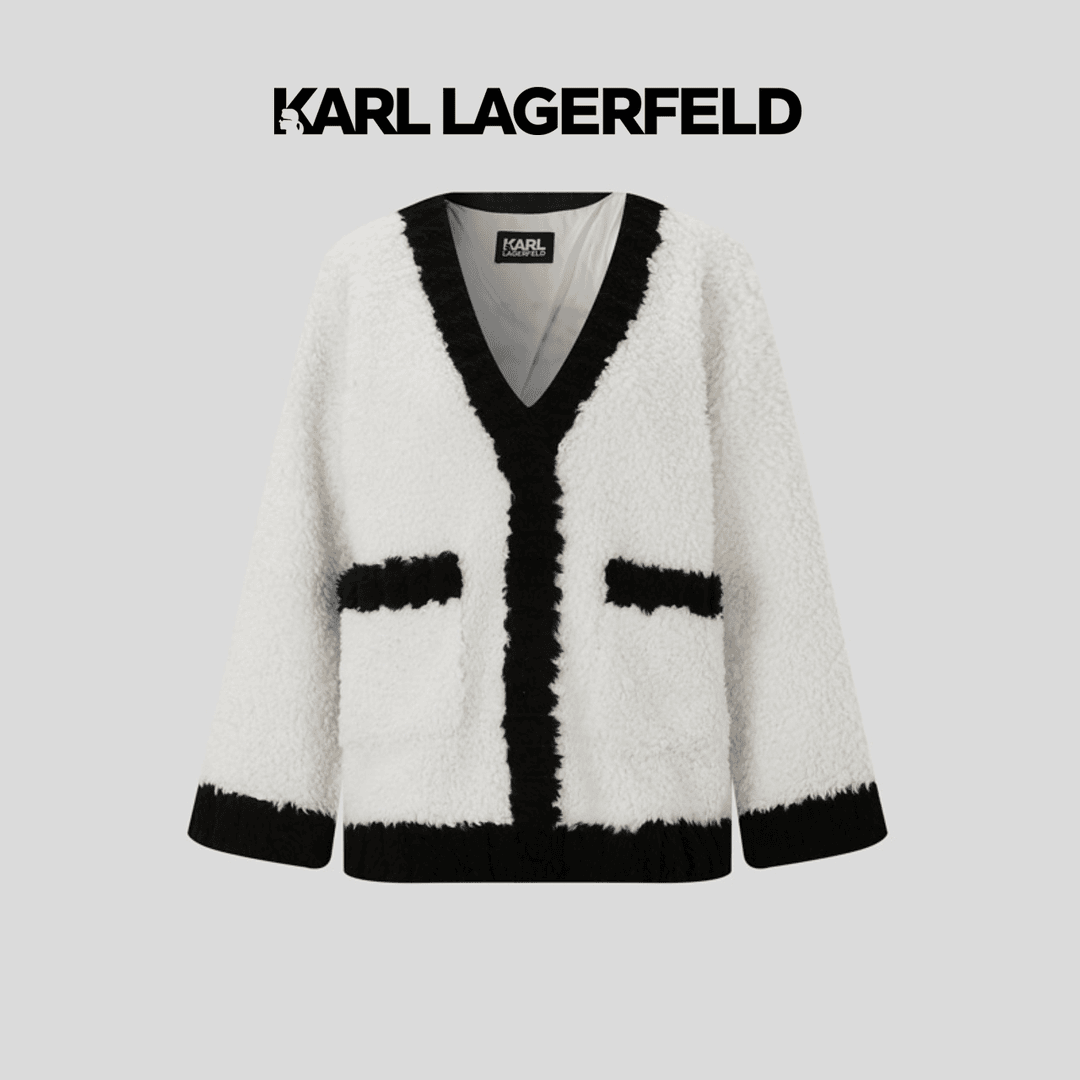 KARL LAGERFELD卡尔拉格斐开衫春季撞色羊羔绒拼接外套216L1912