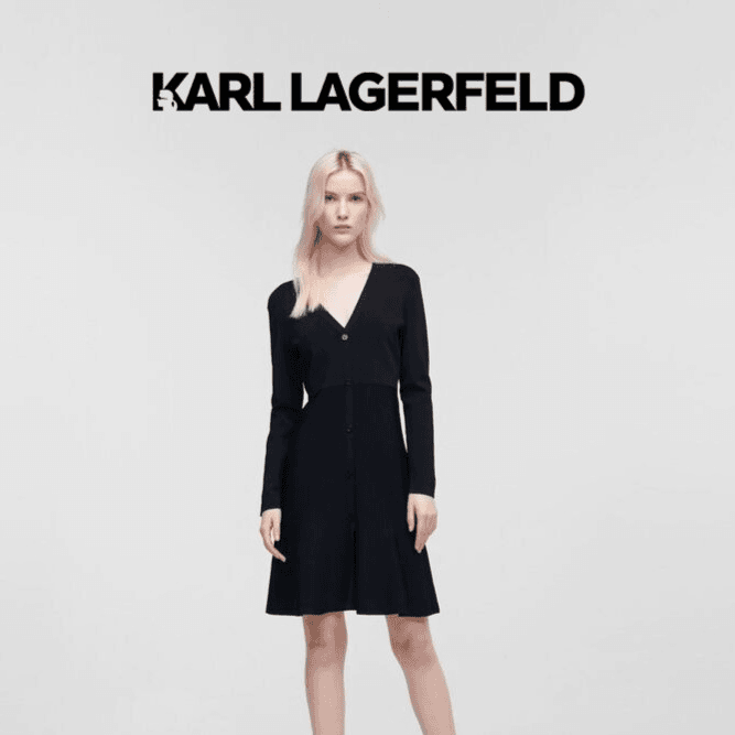 KARL LAGERFELD卡尔拉格斐2023黑色V领针织连衣裙老佛爷225W1351