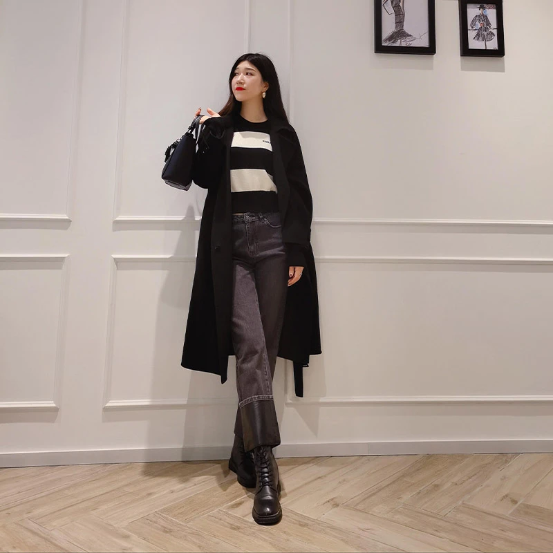 【官方】KARL LAGERFELD卡尔拉格斐新款黑色羊毛大衣女227L1567