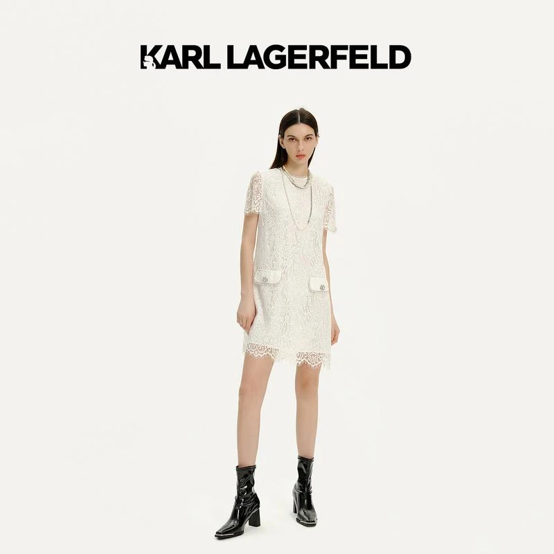 【官方】KARL LAGERFELD夏款短袖直身亮片蕾丝连衣裙E42W13A8