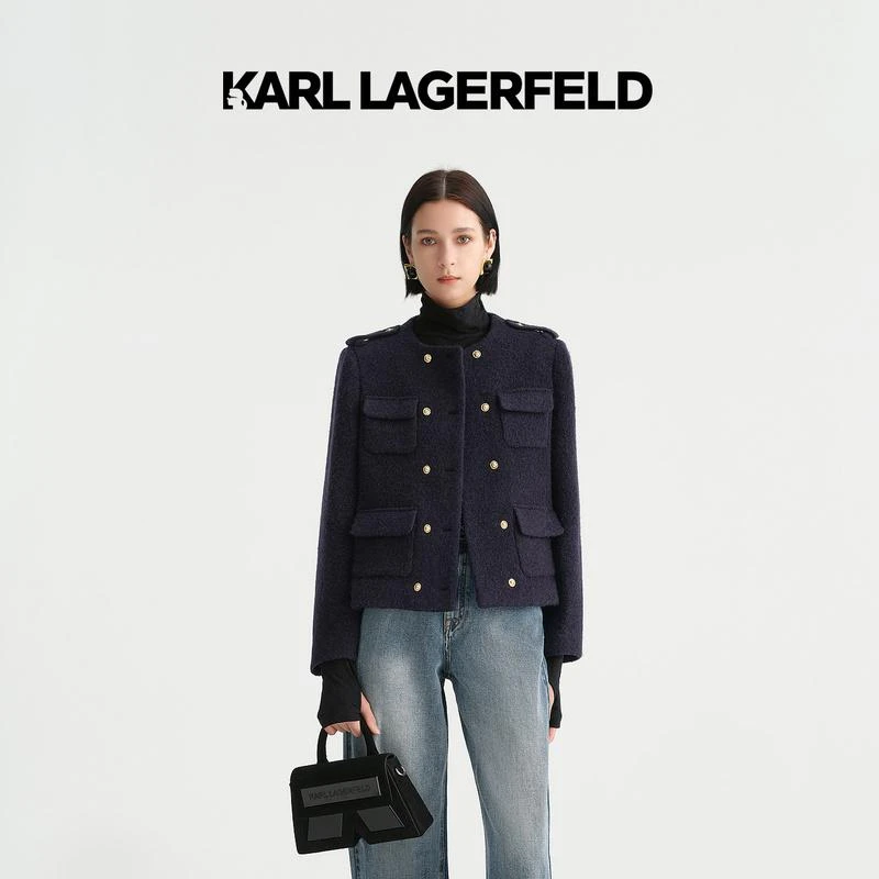 【星线好物】KARL LAGERFELD秋季藏蓝色双排扣无领外套E37W1550