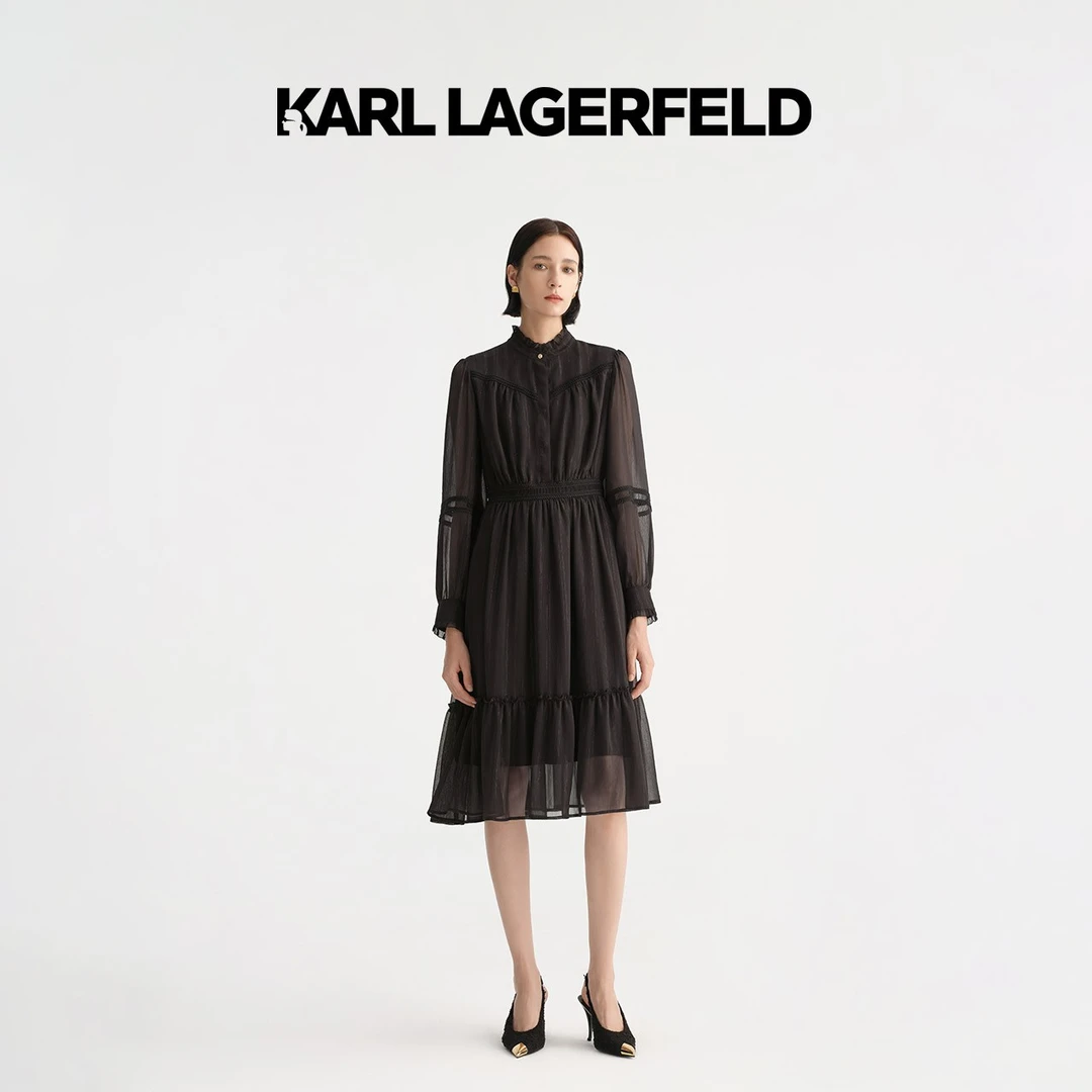 KARL LAGERFELD卡尔拉格斐2023秋新款黑色荷叶边连衣裙E36W1332