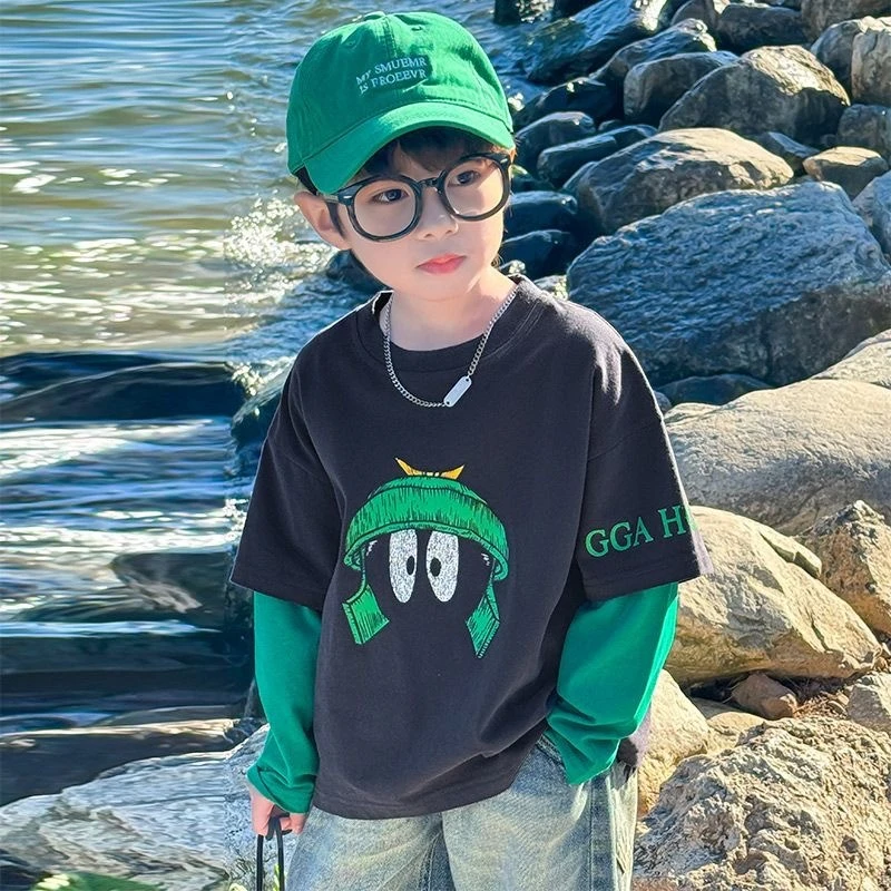 男童秋装长袖T恤2024新款儿童春秋款卡通假俩件打底衫男孩秋季潮