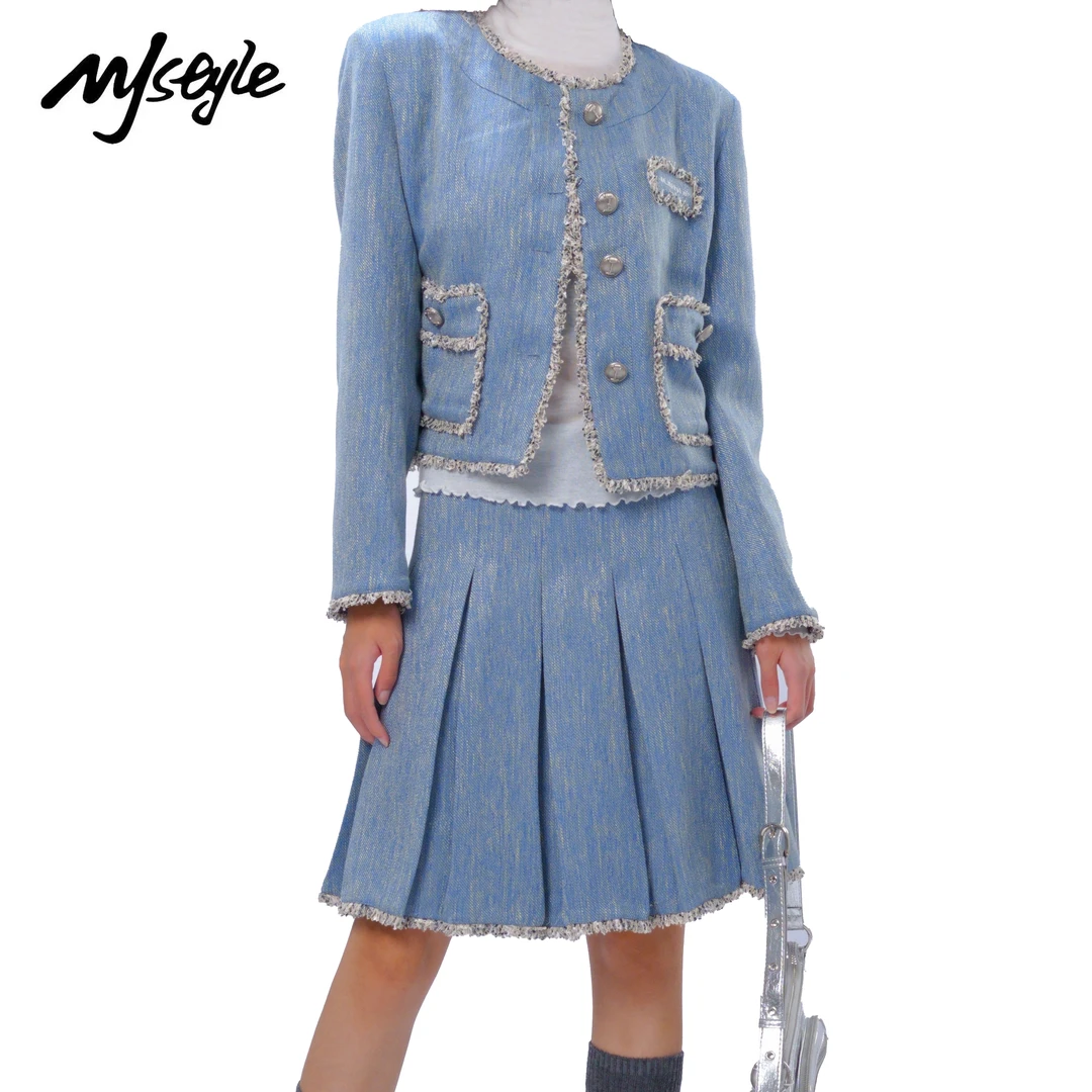 牛仔蓝小香风百褶裙套装女春秋季时尚学院风小个子法式两件套