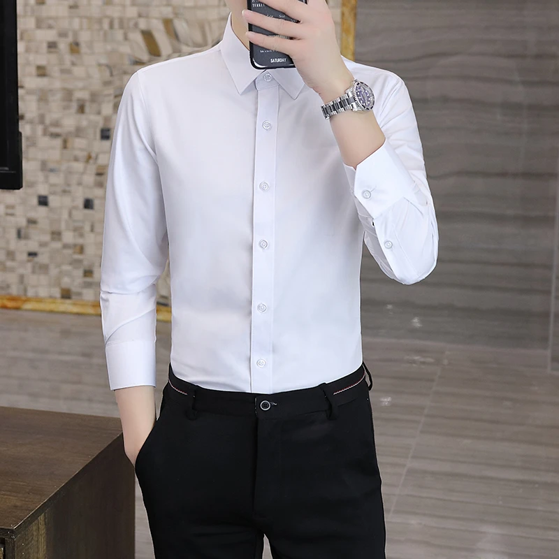 纯色衬衫男士商务休闲长袖衬衣时尚百搭职业装寸衫男士白衬衫