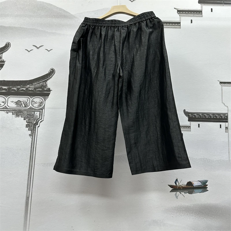 HSY满分桑蚕丝龟裂纹半宽松休闲阔腿长裤