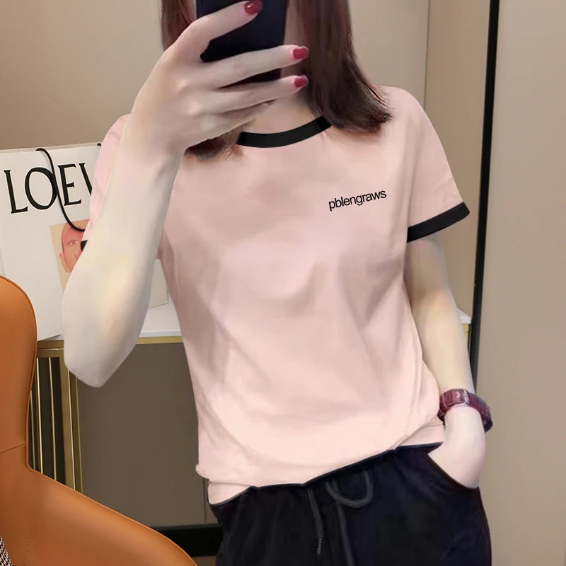夏季新款撞色领口正肩短袖t恤女设计感修身小众宽松字母圆领上衣
