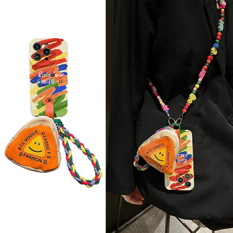 油画笑脸三角包适用iPhone15promax手机壳苹果13/14/12斜挎11硅胶